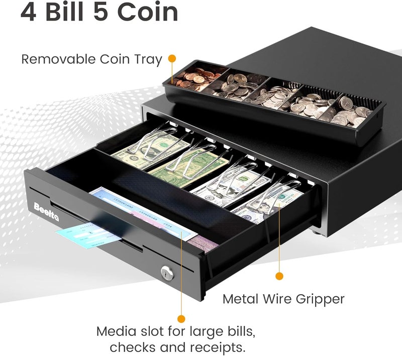 Beelta 13" Cash Rigister Drawer for Small Business, 4 Bill/5 Coin with Check Slot, Steel Construction, Works with POS (Includes Keys & RJ11/12Cable) - BK1313E - Image 4